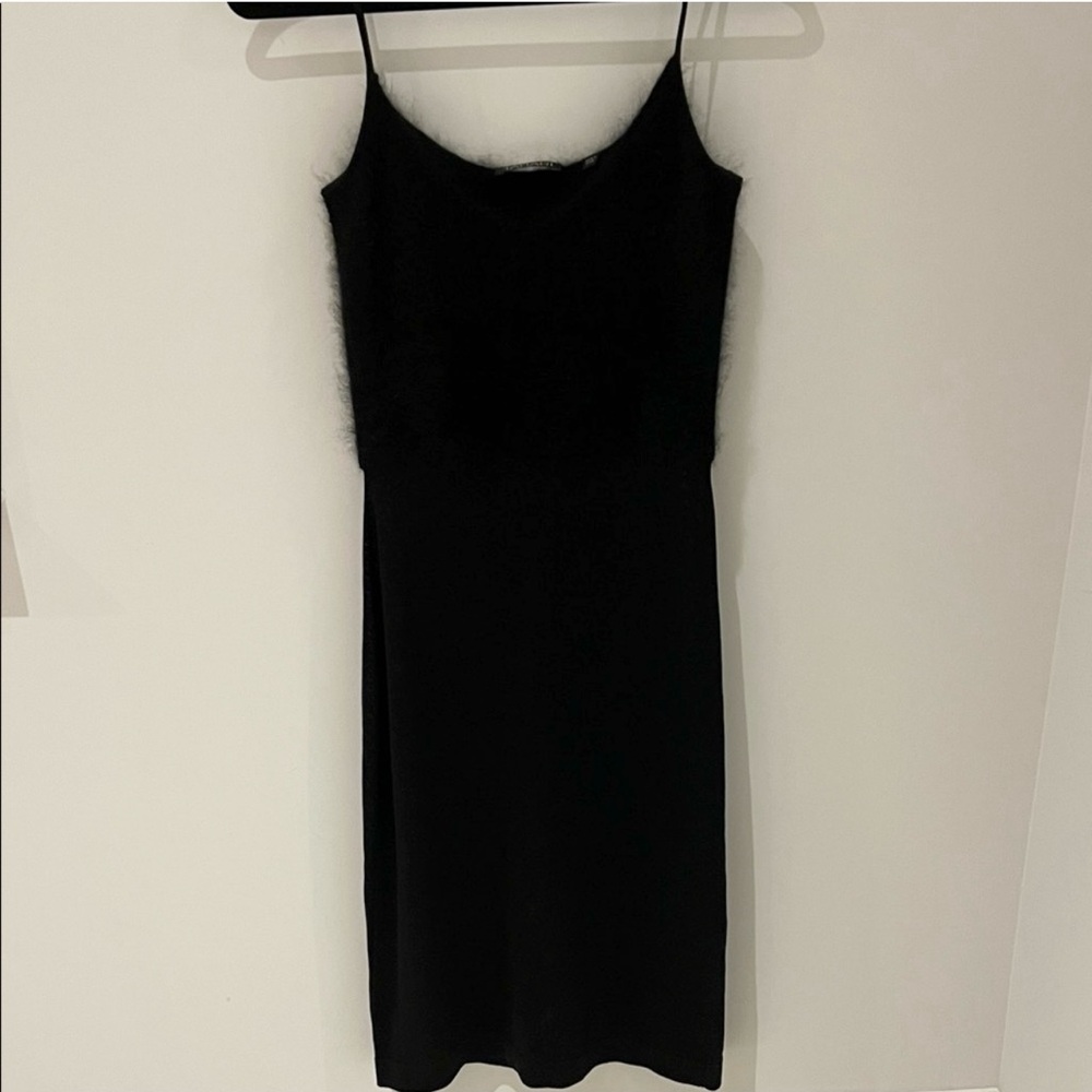 Tahari midi black slip dress fuzzy sweater top and sheer skirt  size small